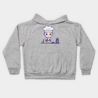 Cute Boy Chef Cooking In Kitchen Cartoon Kids Hoodie